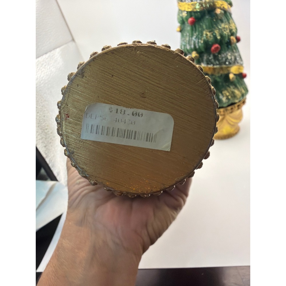 Department 56 Christmas Tree Pillar Candles Gold Base Glitter Set of 2 Green 12" - Picture 2 of 7
